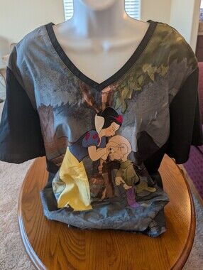 Disney Snow White 100% Cotton Graphic V-Neck Tee - Black, Yellow, Blue, Size 2XL